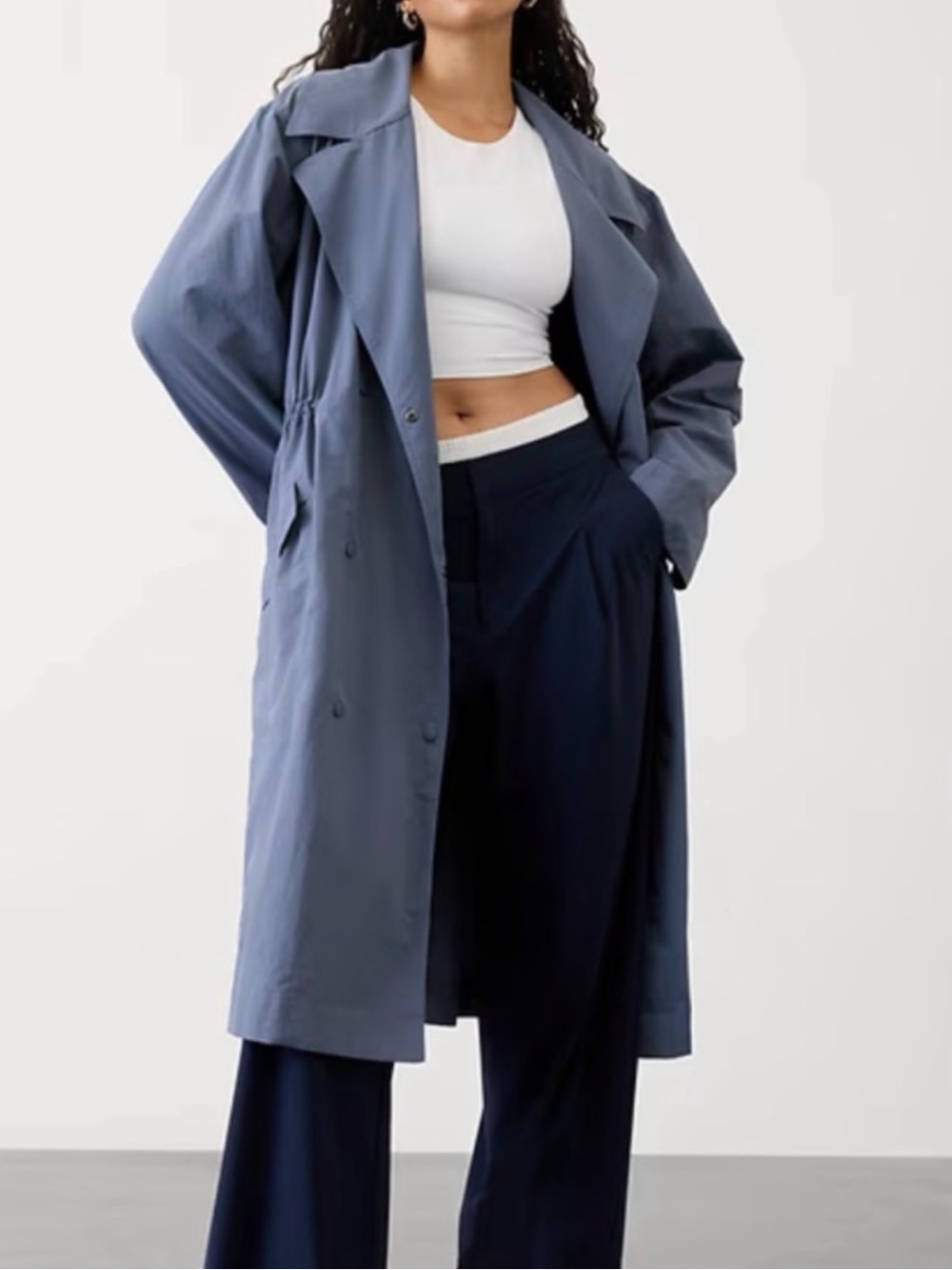 Athleta Luna Trench Coat Shadow Blue Double‎ Breasted Long Jacket NWOT Size M